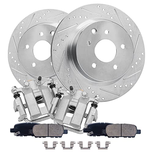 Image of Detroit Axle - 308mm Rear Drilled Rotors + Brake Calipers + Ceramic Brake | Pads Replacement for Infiniti G35 G37 M35 M45 Nissan 350Z 370Z - 6pc Set