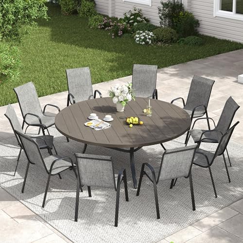 Image of VICLLAX Outdoor Dining Set for 10, Round Table & Stackable Chairs