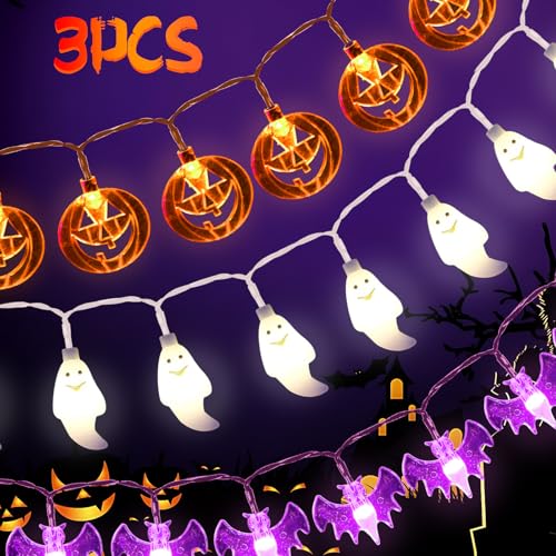 HIGSPE 3 peças luzes de Halloween exterior, 3,15 m 80 LED grinalda de Halloween, 2 modos impermeáveis luzes LED pilhas de Halloween decoração com abóbora, fantasma para interiores Home Garden