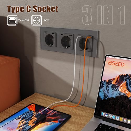 BSEED Steckdose mit USB C(5 V 2.1A),Unterputz Steckdose (Typ C und Typ C),16A 250V 3 Fach Wandsteckdose,2*USB C Einbausteckdose Geeignet f&uuml;r Phone,Pad-228mm*86mm,Grau