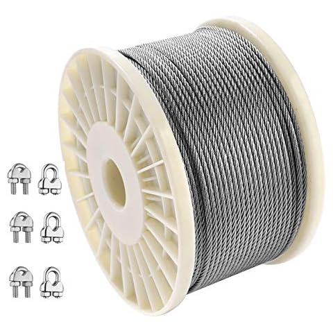 Cozysmart 1/8 Inch T316 Stainless Steel Cable Railing Deck,330 Feet Wire Rope Aircraft Cable with 6 Wire Rope Clamps,7X7 Strand for Railing Balustrade Decking Handrail Outdoor Hanging Cover