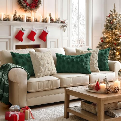 Image of MIULEE Christmas Throw Pillow Covers Lumbar Dark Green Christmas Decorations Xmas Tree 16x24 Pillow Covers Soft Plush Faux Wool Pillowcases Holiday Festivals Winter Home Decor Sofa Couch Bed Porch