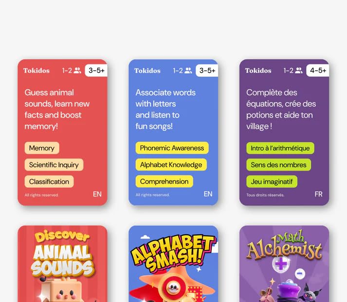 Three Tokidos PlayCards: Discover Animal Sounds, Alphabet Smash, Math Alchemist