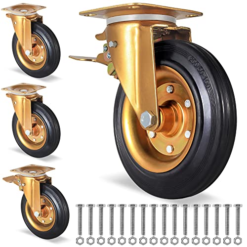 8 inch Heavy Duty Industrial Caster Wheel Set of 4 Swivel 360 Degrees Plate Casters with 2 Brake Anti-Skid No Noise No Floor Marks Rubber Wheels for Carts,Dolly,Workbench,Trolley,Free Screws