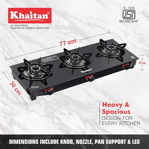 Image of Khaitan 3 Burner Selios Black Manual Gas Stove Toughened Glass, Alloy Premium Burners, ISI Marked with 1 Year Warranty