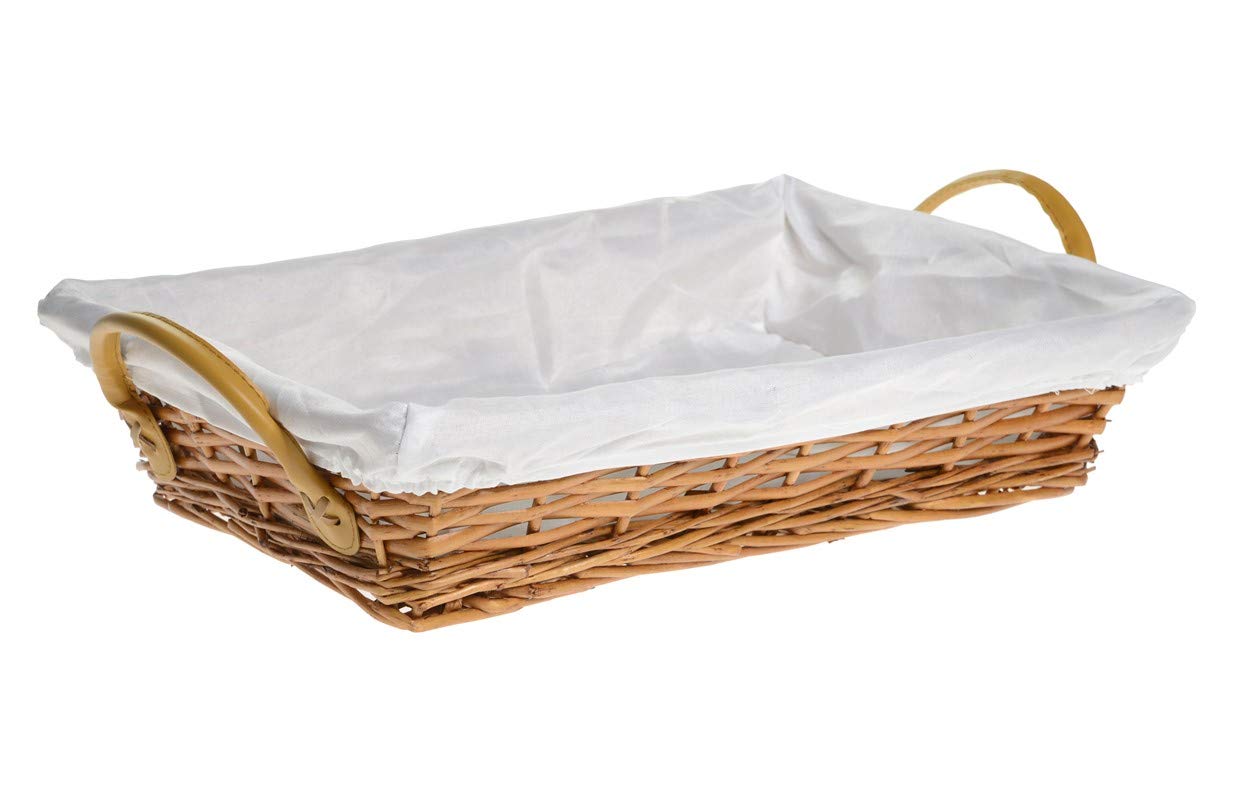 HERSIG - Bandeja Mimbre Natural | Cesta Rectangular con Forro y Asas - 38 x 30 x 10 cm (Medidas aproximadas)
