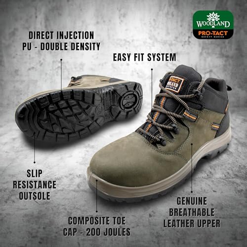 Image of Woodland Armour Nubuck Leather Safety Shoes for Men | Oil Resistant Safety Shoe with Anti Slip Grip | Lightweight, Antistatic PU Double Density with Composite Toe | Olive Green (6 UK, 40 EU)
