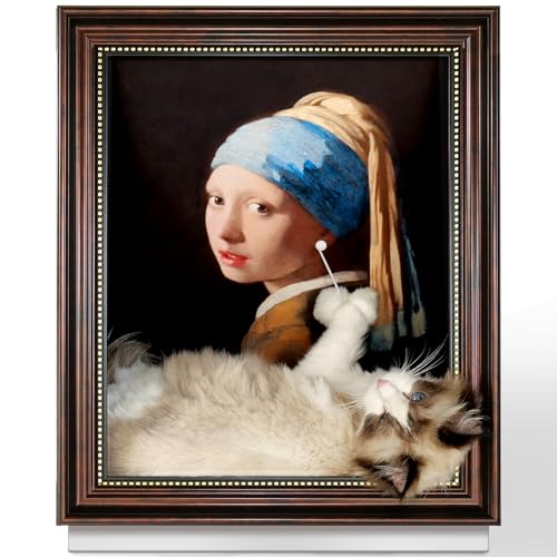Mona Lisa Cat Bed Painting Cat Scratcher Bed CartBoard Cat House for Indoor Cats Half-Surround Design W/Horizontal Cat Scratcher Scratching Board W/Catnip (Pearl Earrings Medium - Large)