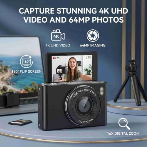 Cámara Digital 4K 64MP con Pantalla Flip 180° y Zoom 16X miniatura 5