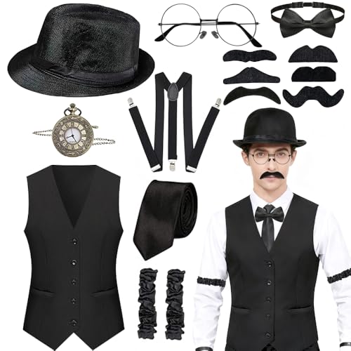 LYPPUL Disfraz de gángster de Gatsby de los años 20, Accesorios de Vestido Años 20 Hombre, Mafia Conjunto de Disfraces para Hombres con Chaleco, Pajarita, Corbata, Bombín, Reloj de Bolsillo, Bigote