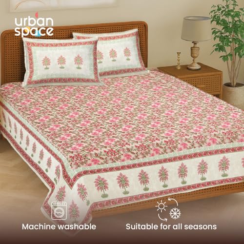 Image of Urban Space 100% Cotton Jaipuri Handblock Printed Double Size Bedsheet with 2 Pillow Covers, 200 TC Cotton Double Bedsheet (90 x 100 Inches, Noor Mahal Pink)