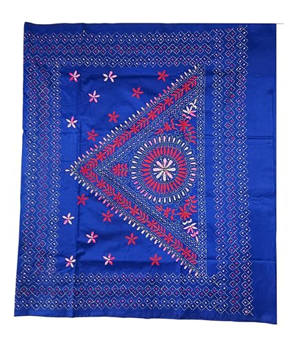Image of SHRISTI CLOTHINGS Women's Hand Embroidered Cotton Silk Kantha Stitch Saree with Blouse Piece (SB4200924 BLUED75)