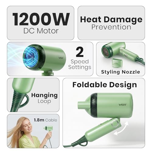 Image of VGR V-421 Foldable Hair Dryer - 1200 Watts, 2 Speed Settings, Dc Motor For Long-Lasting Performance, Overheating Protection, Ergonomic Design For Comfortable Use (Green)