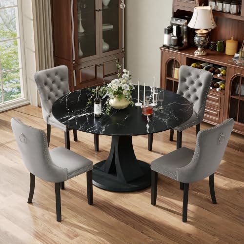 Image of 5-Piece Dining Table Set for 4 with 47 In Black Faux Marble Round Table