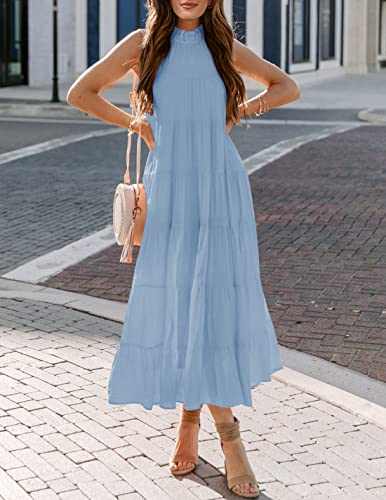Haeof Womens 2023 Summer Sleeveless Halter Maxi Dress Pleated Tiered Swing Beach Long Dresses Sundress Lightblue #TOP3