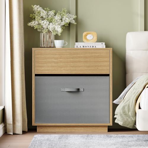 Image of TEENFON Nightstands Set of 2, Night Stand with Drawer and Open Shelf, Nightstands Bedside Table with Removable Fabric Drawer, Night Stands for Bedroom, Small Space, Natural