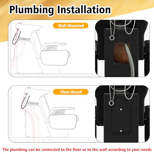 Image of KIGOTY Hair Washing Station w /Ceramic Bowl,Salon Shampoo Bowl and Chair Set | Black,Barbershop Beauty Spa Equipment, PU Leather,440lbs,Neck Rest,Large Ceramic Bowl, Shampoo Backwash Unit Porcelain Sink