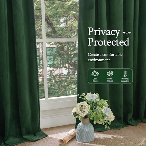 LAMIT Velvet 90 Inch Curtains for Living Room, Emerald Green Thermal Insulated Room Darkening Drapes Noise Reducing Back Tab and Rod Pocket Christmas Panels for Bedroom, Set of 2 Panels, 52 x 90 Inch