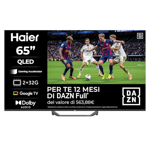 Haier Smart TV 65' QLED 4K Ultra HD, Google TV, Dolby Audio, Gaming 120Hz DLG, HDMI 2.1, Chromecast Integrato, Bluetooth 5.1, Design Senza Bordi, Telecomando Vocale, 12 Mesi DAZN inclusi