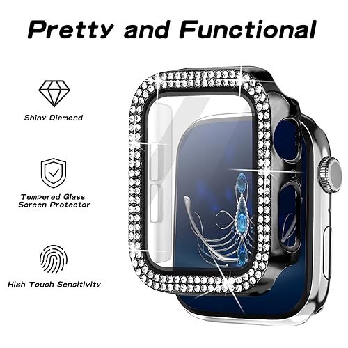 Magnetic Band Compatible with Apple Watch 38mm 40mm 41mm 42mm 44mm 45mm 46mm Stainless Steel Metal Strap with Bling Case and Built-in Screen Protector, Dressy Milanese Loop iWatch Bands for Women