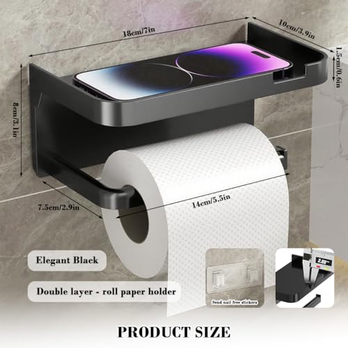 Image of HASTHIP Toilet Paper Roll Holder with Mobile Stand - Plastic Self Adhesive Tissue Holder for Bathroom Toilet Papers Stand Bathroom Accessories(ABS, Black, Square, 18x10x8cm)