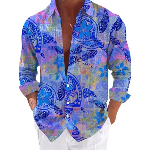 Camisa de manga larga para hombre, camisa hawaiana para hombre, camisa informal hawaiana, estilo tropical, estampado con botones, camisa informal de verano para hombre, azul, 3XL