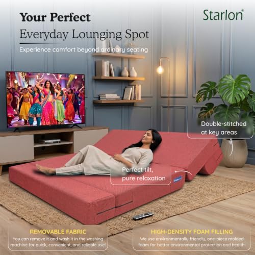 Image of Starlon 3 Seater Foldable Sofa Cum Bed 3-in-1 with 2 Floral Pattern Pillows, Washable Jute Fabric Cover, Space Saving Guest Bed, Royal Maroon 6x6.5 Ft