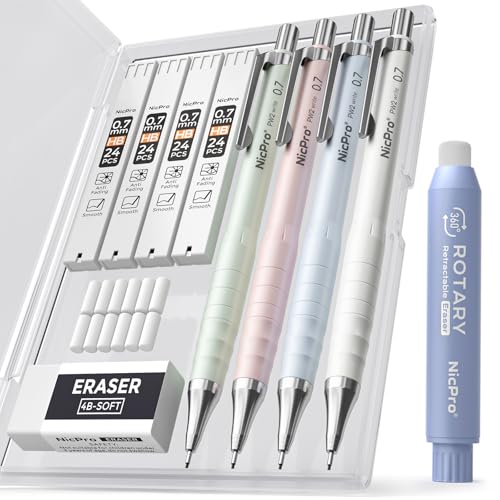 Nicpro Cute Mechanical Pencil Set, 4PCS 0.7mm Pastel Drafting Pencils with 4 Tube HB Lead Refills, 4B Erasers, Rotary Retractable Eraser and Eraser Refill for Writing Sketching Back to School Supplies