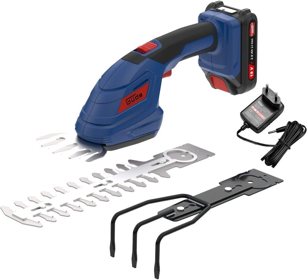 Güde Kit de Mantenimiento de jardín con batería GPS 18-201-05 (18 V, Accesorio para Tijeras de césped, Accesorio para Tijeras de seto/arbustos), Color Azul, Negro, Rojo