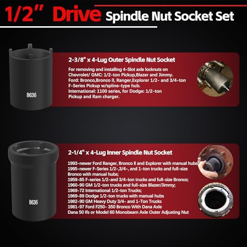 Spindle Nut Socket Tool Kit 5 Pcs Axle Hub Lock Nut Socket Set 1/2” Drive Wheel Drive Spindle Nut Remover Installer for Ford Dana 50/60, Chevy, and Dodge, Replace# 648636 Lug Out Spindle Socket Set - Thumbnail 4