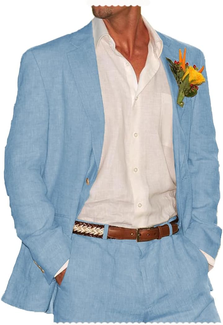 TiavllyaSummer Linen Suits Men's Two Piece Suits Set Casual Retro Wedding Tuxedos Party Beach Suit