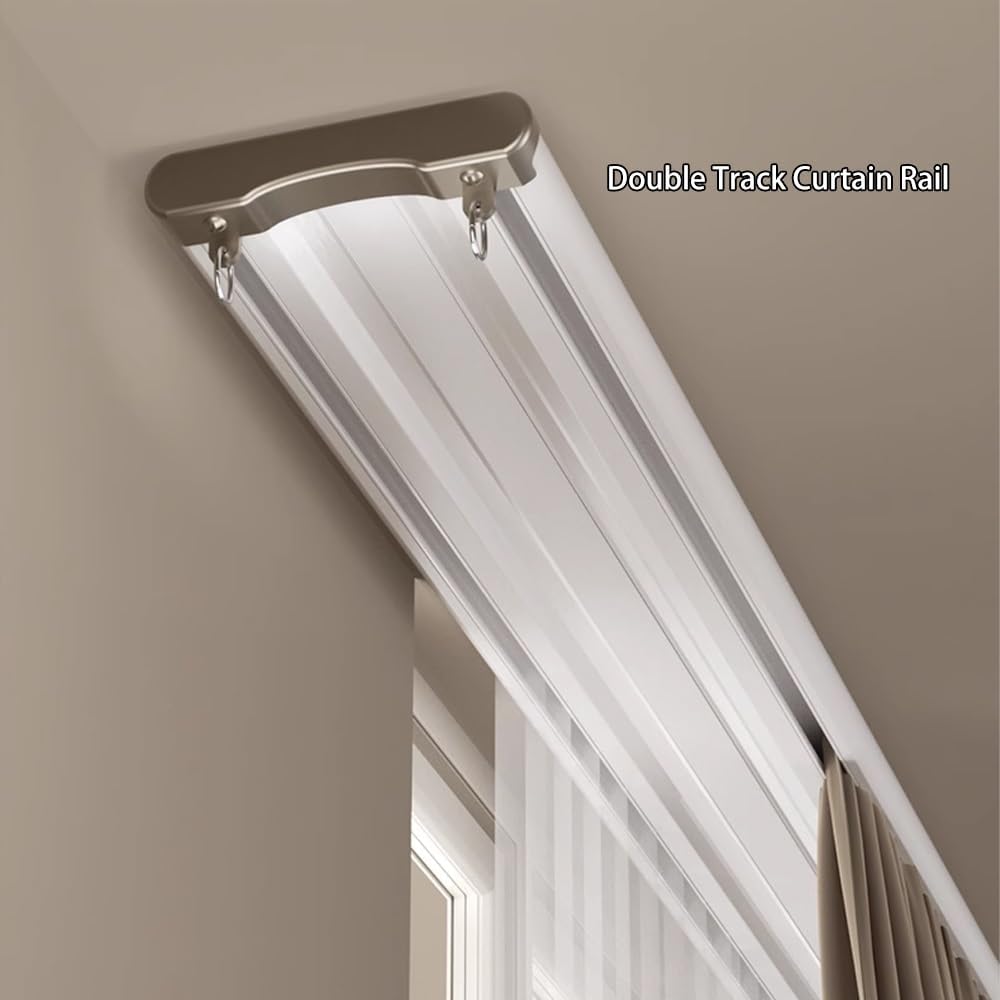 超ワイドサイレント天井取り付けアルミカーテンレール、二重連結式目立たないスライドレールカーテン用（ゴールド、110cm / 43.3