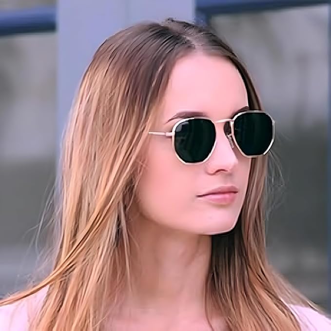 Image of Hexagon Silver Metal frame, sleek black lenses, Unisex Modern look Sunglasses SRK Choice, UV protection, perfect for Both Men's and Women's.