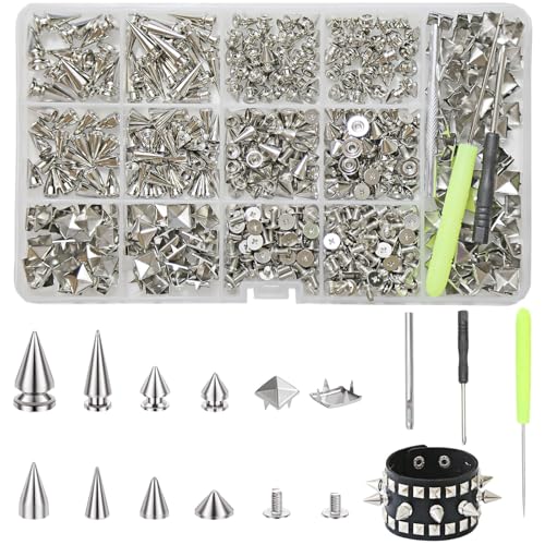 XHFXKCF 593 Sets Punk Studs and Spikes Kit Square Pyramid and 8 Size Cone Spikes Studs for Clothing Leather DIY Craft