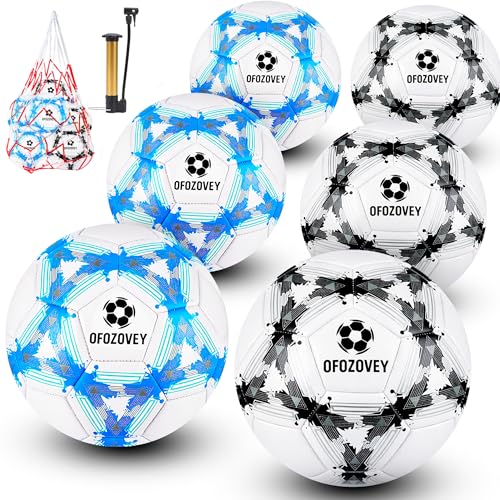 OFOZOVEY Soccer Ball Size 5 Six Pack Classic Indoor Outdoor Soccer with 1 Pump 2 Net Bag and 2 Needle Long-Lasting for Training Games Outdoor & Indoor Play Ideal Gift for Boys Girls Youth Adult