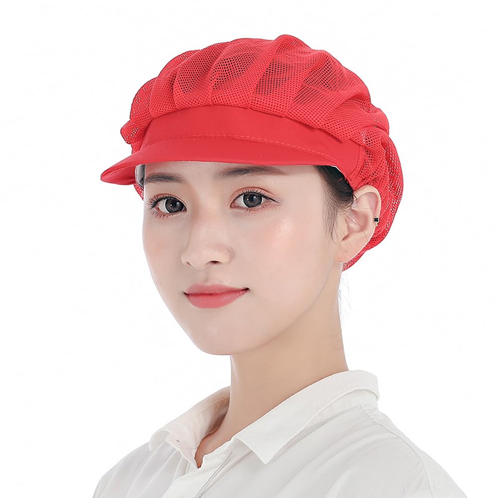 POFET 2pcs Chef Waiter Mesh/Cotton Cap Restaurant Kitchen Workshop Hair Net Cooling Reusable Bouffant Adjustable Food Service Hair Hat Protective Snoods - Red
