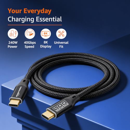 Image of amazon basics 240W Type C Cable With 40Gbps Data Transfer Speed, Thunderbolt 4, 8K@60Hz Display Cable, USB 4 Type C 90 Shaped Connector, Gold Coated, Type C Fast Charging