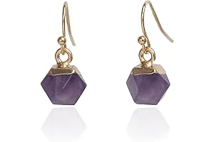 14K Gold Plated Natural Amethyst Quartz Cube Drop Earrings