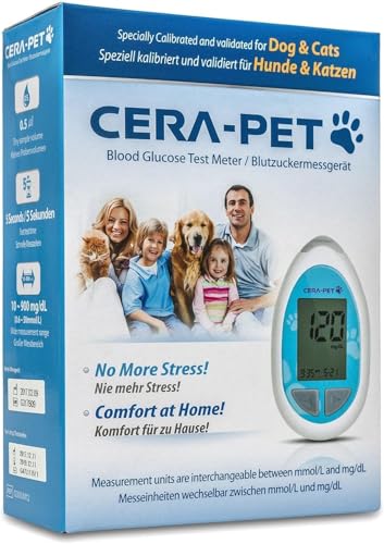 Cera-Pet Blutzuckermessgerät für Tiere I Geeignet für Hunde und Katzen I Vorteilspack: Zusätzlich 50 Blutzuckerteststreifen und 50 Lanzetten im Sparpaket