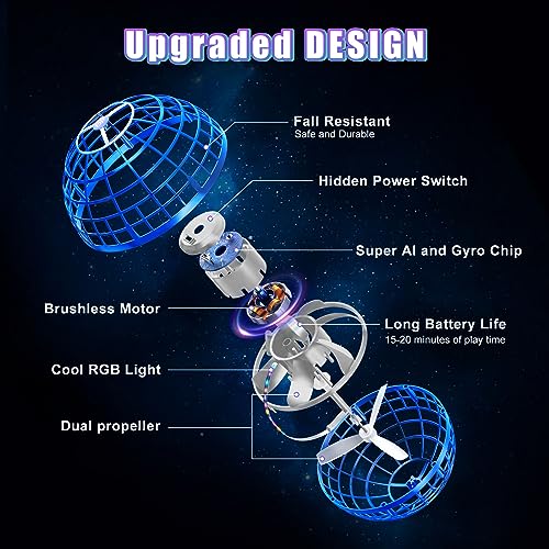 XINHOME Fliegender Balls 2026, Flying Ball mit Led-Beleuchtung, Orbi Ball Drohne Hover Toy Flying Spinner Geschenke für Jungen Mädchen Kinder 6-12 Jahre Flying Orb Ball Spielzeug Blau