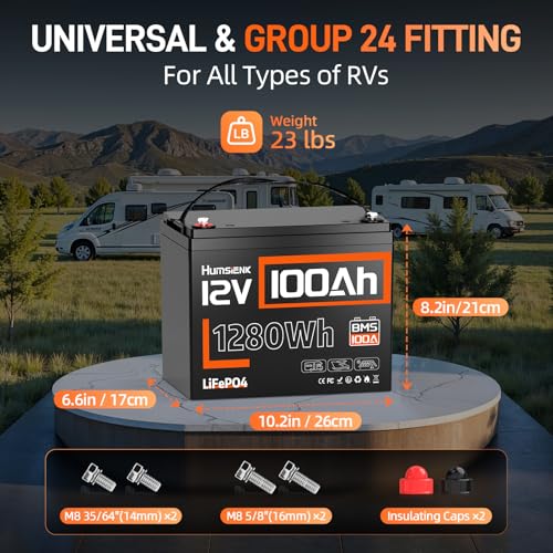 Image of HumsiENK 12V 100Ah LiFePO4 Lithium Battery, 15000 Deep Cycles Solar Battery | 1280Wh Energy, BCI Group 24, Built-in 100A BMS, for RV Marine Trolling Motor Home Storage Off-Grid, Lithium Iron Phosphate