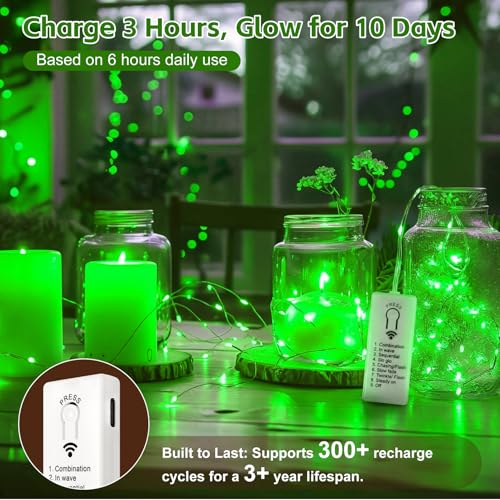 Image of 6 Pack Rechargeable Fairy Lights with Remote & DIY Timer, 7ft 20LED Dimmable Silver Wire String Light for Mason Jar, Mini Twinkle Lights for Indoor Christmas Bedroom Wedding Decor, Green