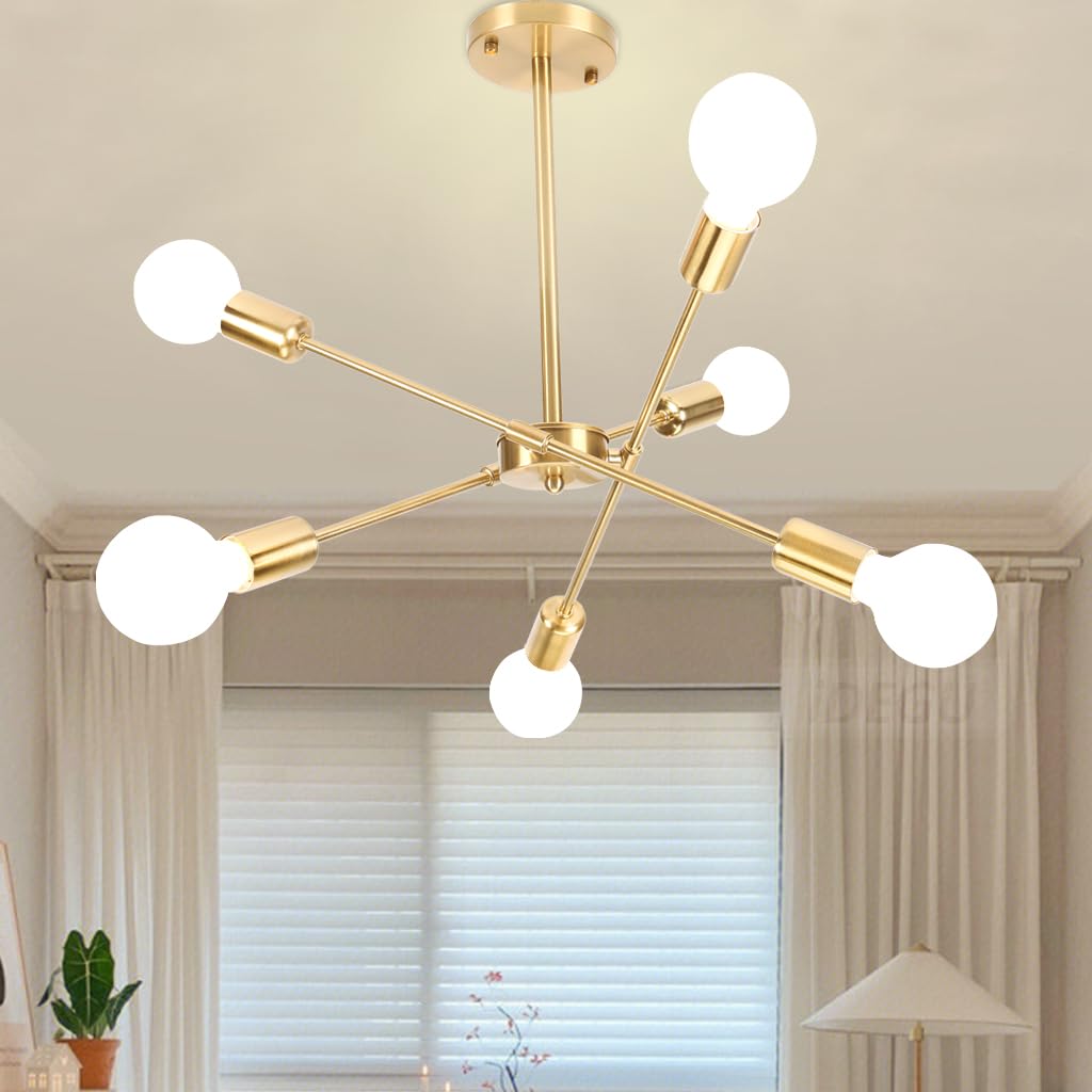 iDEGU żyrandol przemysłowy, 6 świateł, lampa sufitowa, LED, vintage, metalowa, regulowana, zawieszka, E27, oświetlenie retro, lampa sufitowa, do salonu, kuchni, jadalni, sypialni (złota)