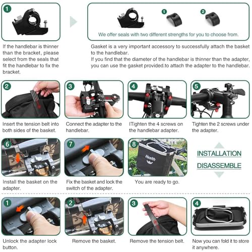 Lenkerkorb Taschen,Faltbar Fahrrad vorne Korb, Easy Install Abnehmbare FahrradkorbTasche für Kleiner Hund-Einkaufen-Reisen-Picknick, mit Lenkeradapter