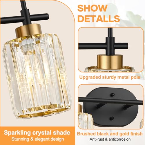 Image of Modern Crystal Bathroom Vanity Light Fixtures, 2-Light Black and Gold Bathroom Wall Sconce Lighting for Over Mirror, Clear K9 Crystal Shades, E26 Base, Bulbs Not Included