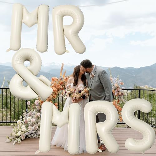 Image of 40 Inch Beige MR & MRS Balloons for Wedding Decor, Large Cream Mr and Mrs Foil Balloon Letter, Ivory White Sand Mr to Mrs Banner Sign for Bride Groom Engagement Couple Sweetheart Party Decorations