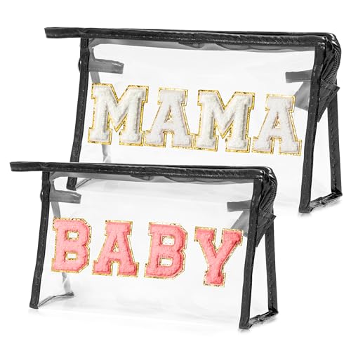 Image of CY2SIDE MAMA Baby Bag Set - 2PCS Clear MAMA Letter Patch Makeup Bag with Handle for Travel Cosmetic Pouch for Toiletries Waterproof Travel Organizer Baby Reveal Gift Mothers Day Gift Black