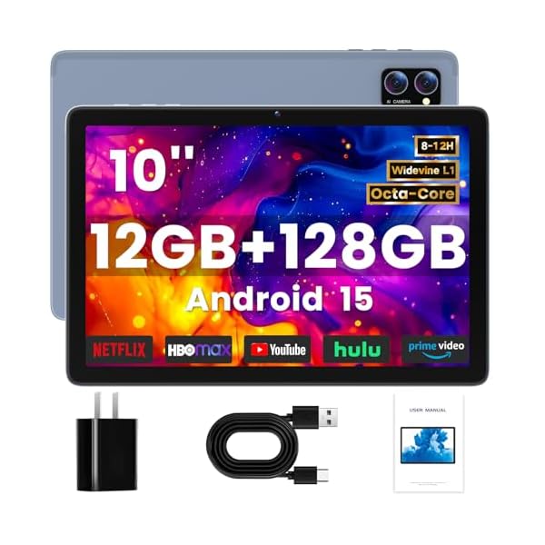 Android Tablet 10 Inch, Android 15 Tablets 2025 for Adults, Octa-Core, 12GB RAM,128GB Storage(2TB Expandable), Large Touch Screen Tablet with 10H Battery Life,WiFi & Bluetooth 5.0,Gray Blue