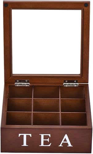 Miniatura 9 de Fonture Caja de almacenamiento de té de madera, bolsa de té con 9 compartimentos, caja de té de madera, tapa de vidrio con bisagras, organizador de