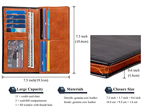 Image of VISOUL Leather Checkbook Cover Wallet for Men with RFID Blocking, Mens Long Bifold Cash Tall Wallet with 11 Credit Card Slots 1 ID Window (Black and Orange)